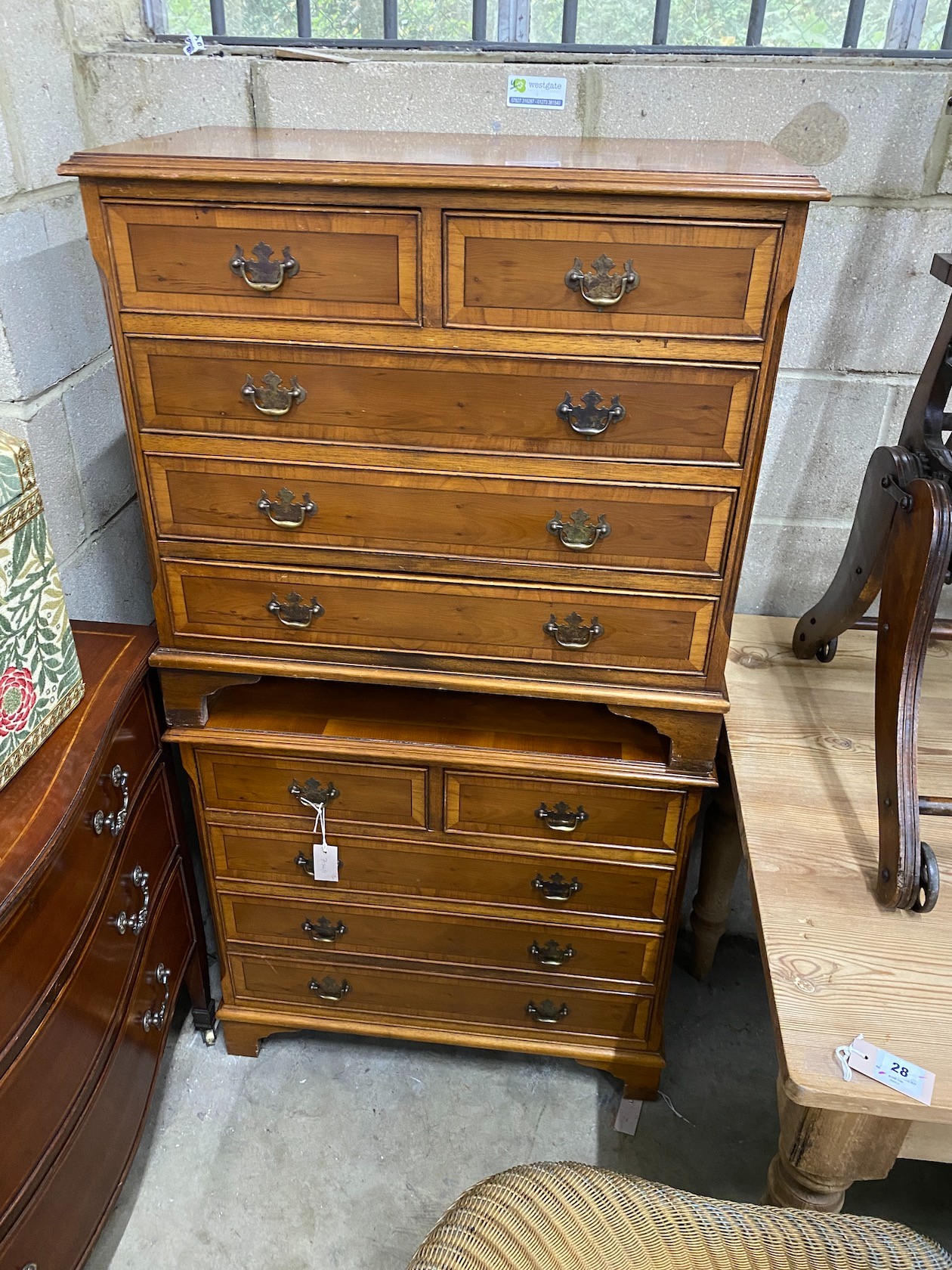 A pair of reproduction George III style five drawer yew chests, width 76cm, depth 40cm, height 71cm